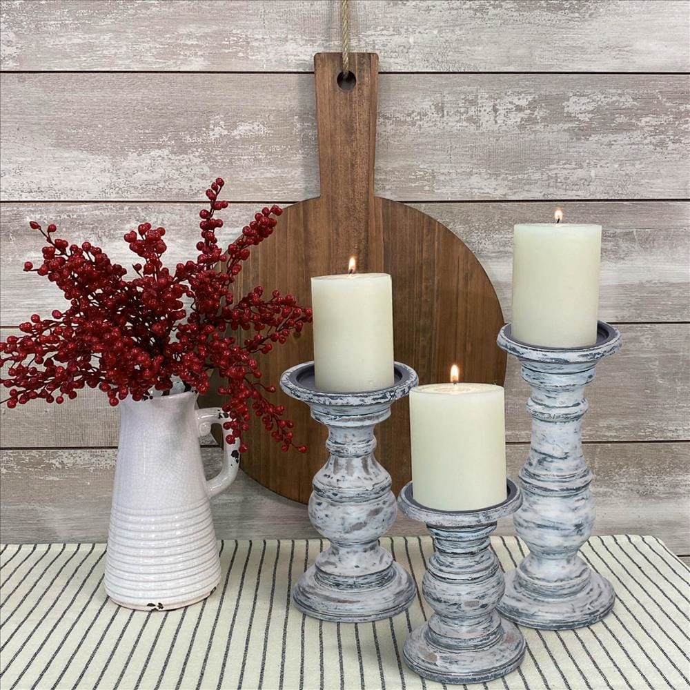 Wooden Candleholder With Turned Pedestal Base Set Of 3 Distressed White And Black