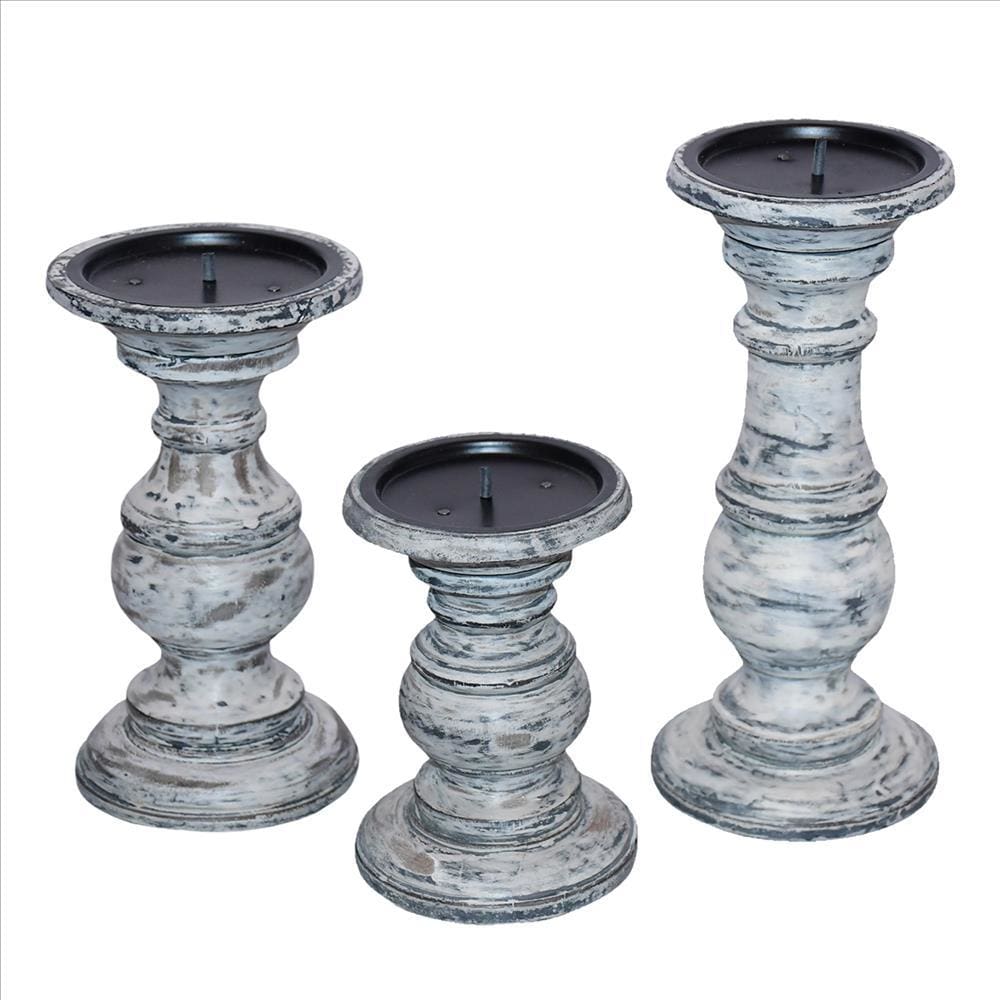 Wooden Candleholder With Turned Pedestal Base Set Of 3 Distressed White And Black