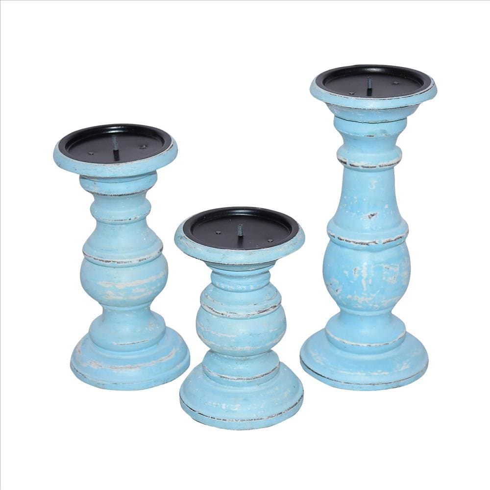 Wooden Candleholder With Turned Pedestal Base Set Of 3 Distressed Blue