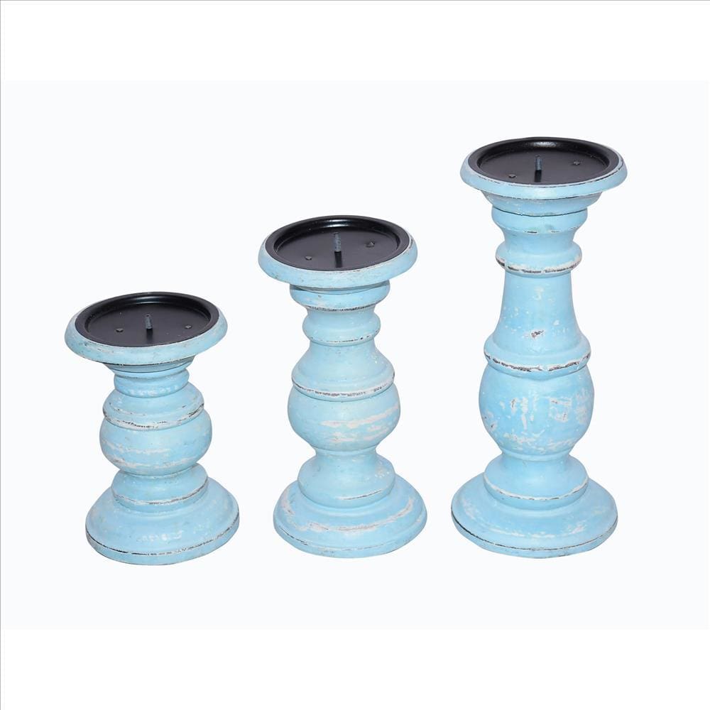 Wooden Candleholder With Turned Pedestal Base Set Of 3 Distressed Blue