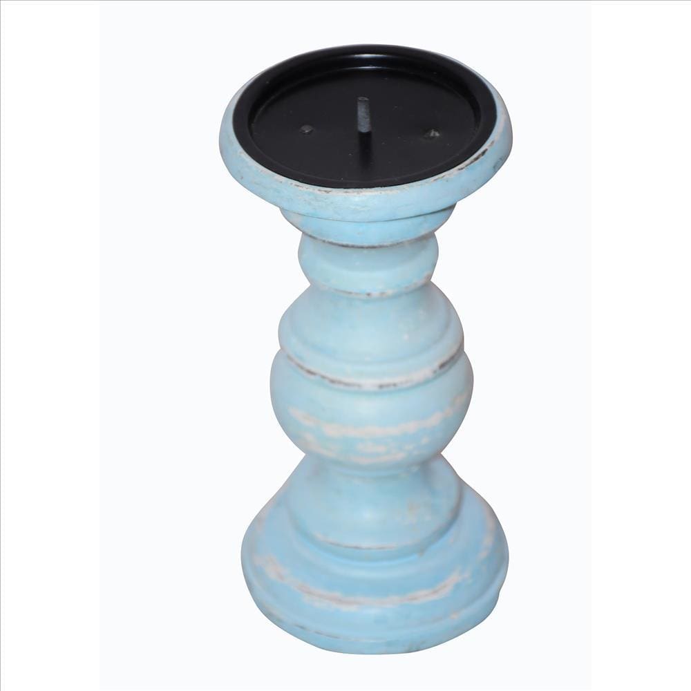 Wooden Candleholder With Turned Pedestal Base Set Of 3 Distressed Blue