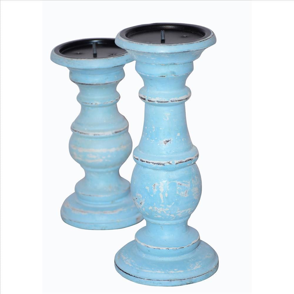Wooden Candleholder With Turned Pedestal Base Set Of 3 Distressed Blue