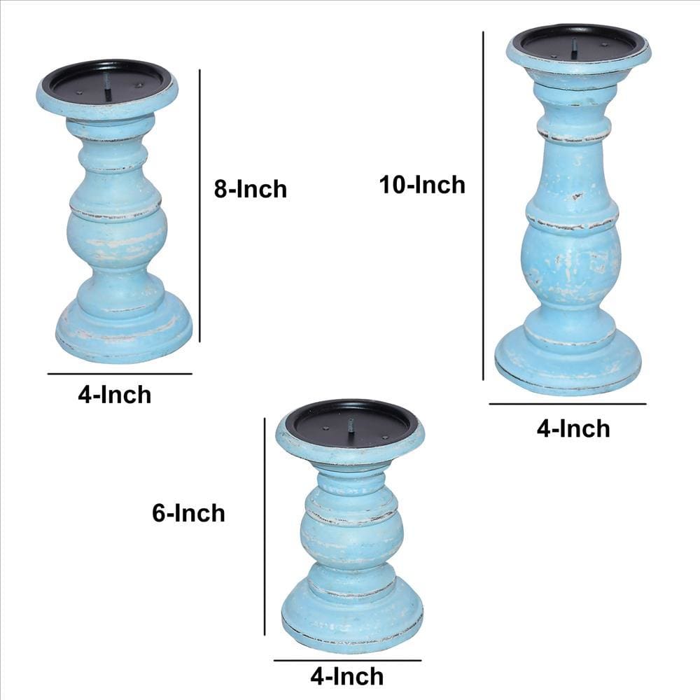 Wooden Candleholder With Turned Pedestal Base Set Of 3 Distressed Blue