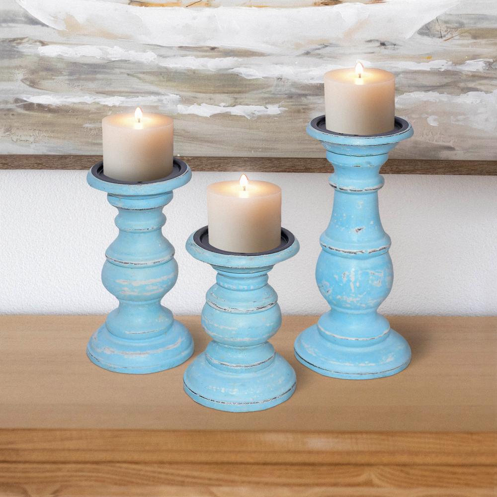 Wooden Candleholder With Turned Pedestal Base Set Of 3 Distressed Blue