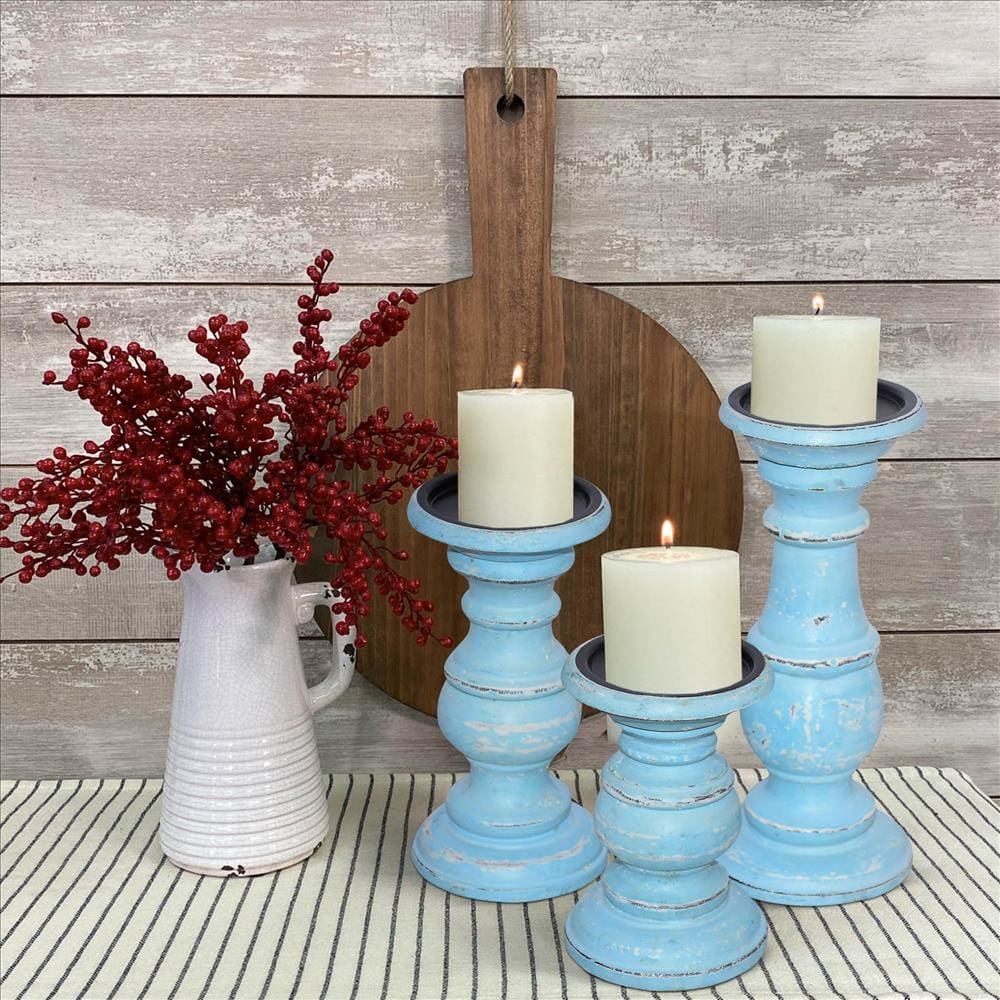 Wooden Candleholder With Turned Pedestal Base Set Of 3 Distressed Blue