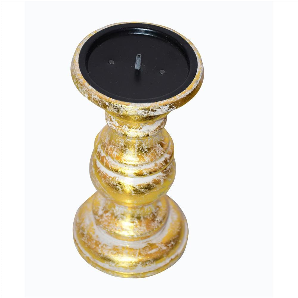 Wooden Candleholder With Turned Pedestal Base Set Of 3 Distressed Gold