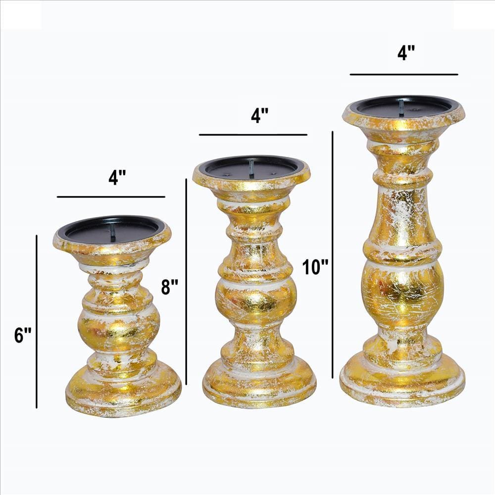 Wooden Candleholder With Turned Pedestal Base Set Of 3 Distressed Gold