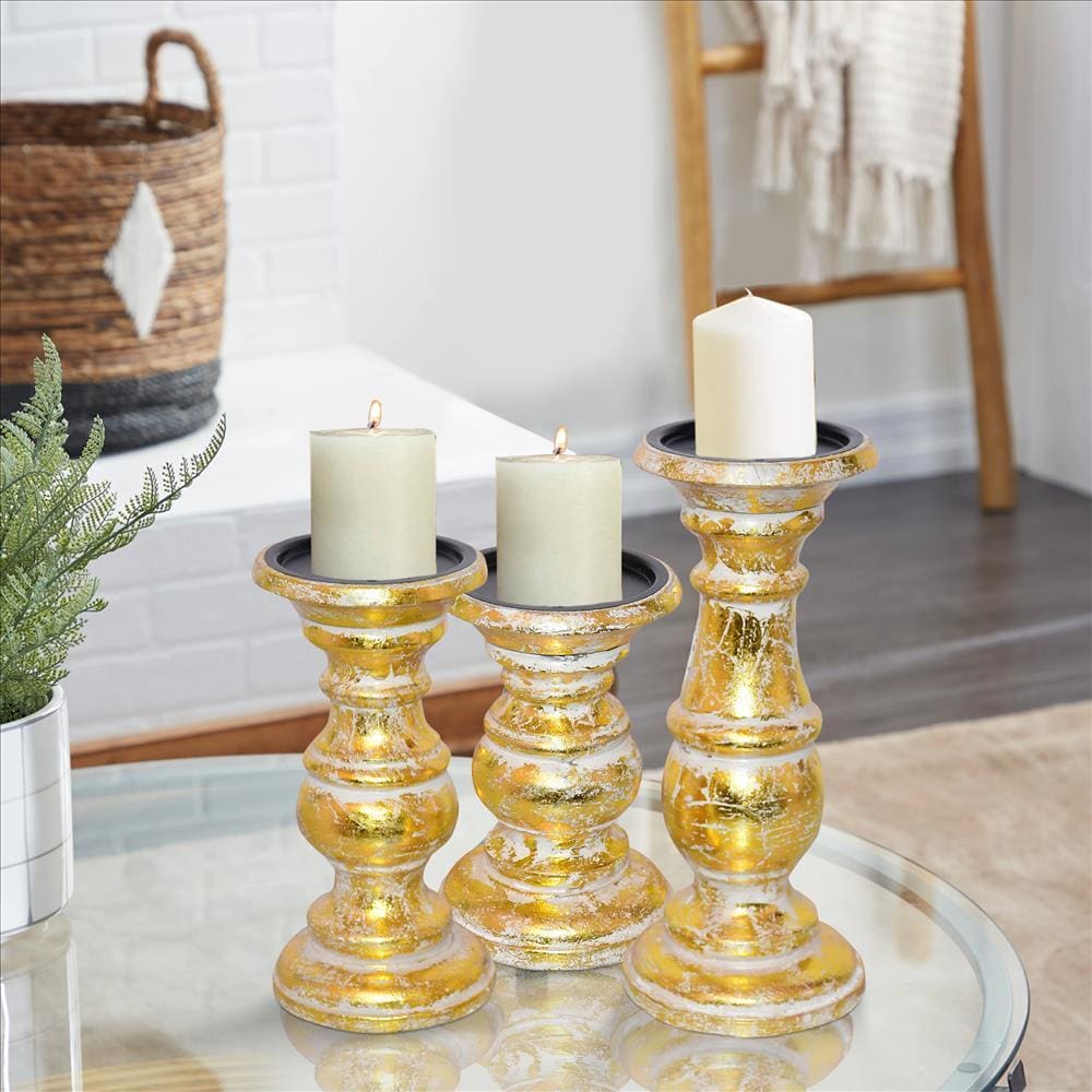 Wooden Candleholder With Turned Pedestal Base Set Of 3 Distressed Gold