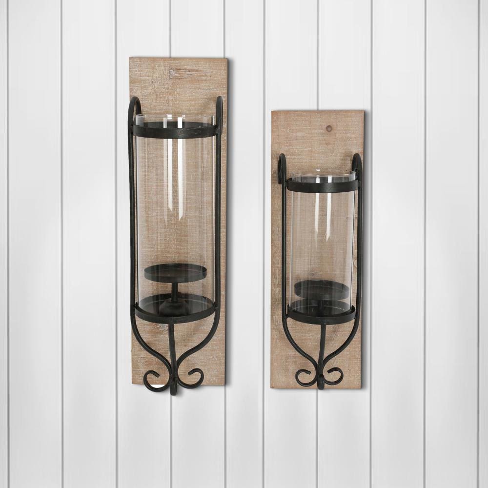 21 Inch Industrial Wall Mount Wood Candle Holder With Glass Hurrican Set Of 2 Black