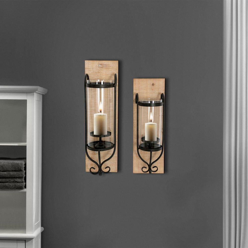 21 Inch Industrial Wall Mount Wood Candle Holder With Glass Hurrican Set Of 2 Black