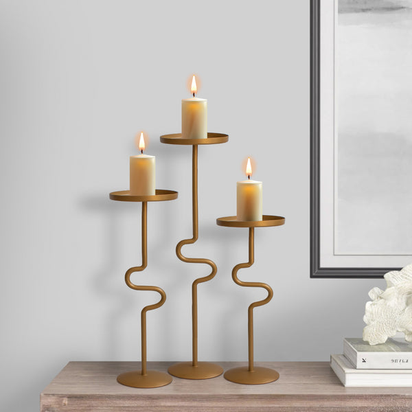 Handcrafted Vintage Candleholder S Shaped Stands Matte Gold Brass Set Of 3