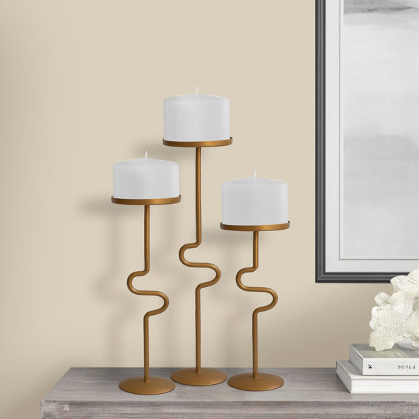 Handcrafted Vintage Candleholder S Shaped Stands Matte Gold Brass Set Of 3