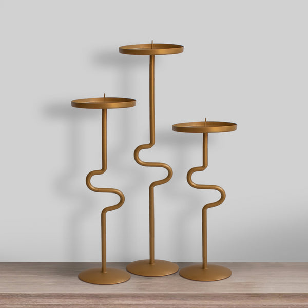 Handcrafted Vintage Candleholder S Shaped Stands Matte Gold Brass Set Of 3