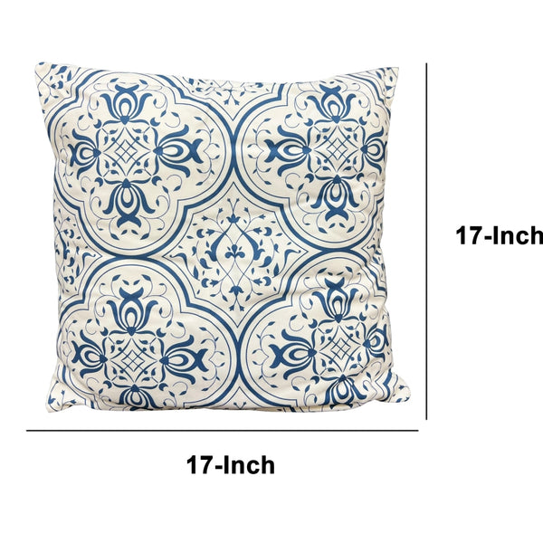 17 X 17 Inch Decorative Square Cotton Accent Throw Pillow With Classic Damask Print Blue And White