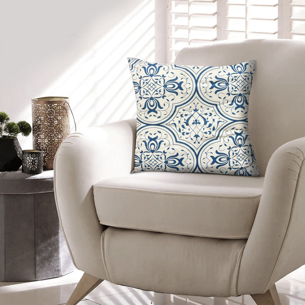 17 X 17 Inch Decorative Square Cotton Accent Throw Pillow With Classic Damask Print Blue And White