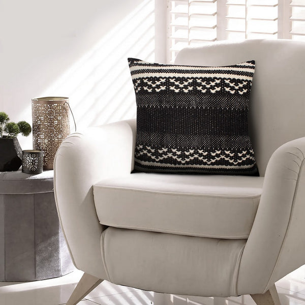 18 X 18 Jacquard Square Decorative Cotton Accent Throw Pillow With Aztec Tribal Boho Pattern Black White