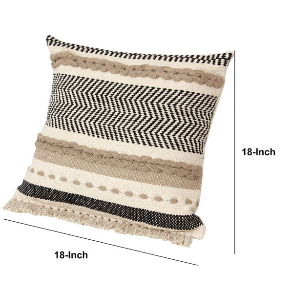 18 X 18 Square Cotton Bohemian Style Decorative Accent Throw Pillow With Herringbone Pattern Beige Black