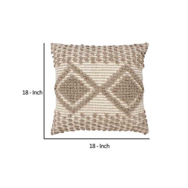 18 X 18 Square Cotton Decorative Accent Throw Pillow Raised Diamond Embroidery Beige