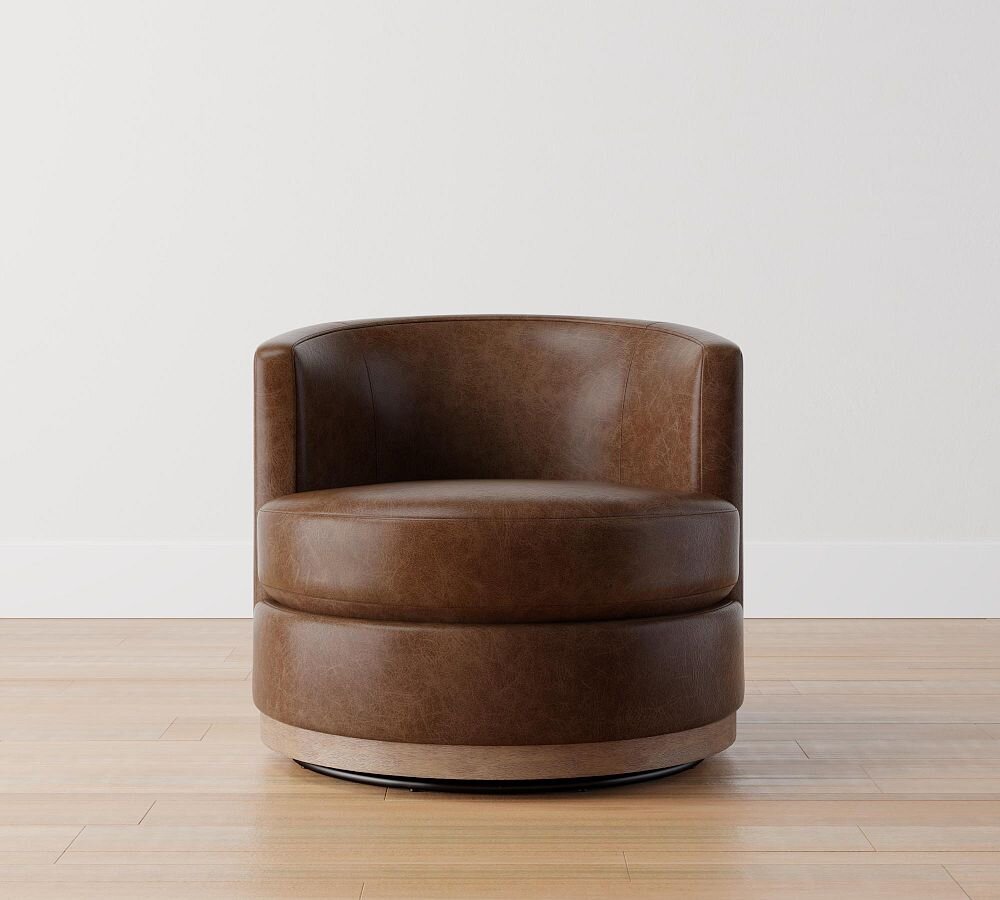 Balboa upholstered leather swivel armchair with barrel back and wood base in brown