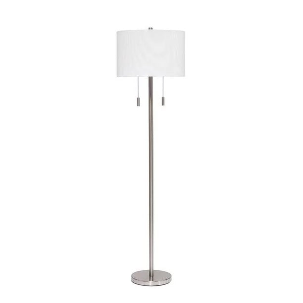 Floor Lamp With Drum Shade And Pull Chain White And Silver