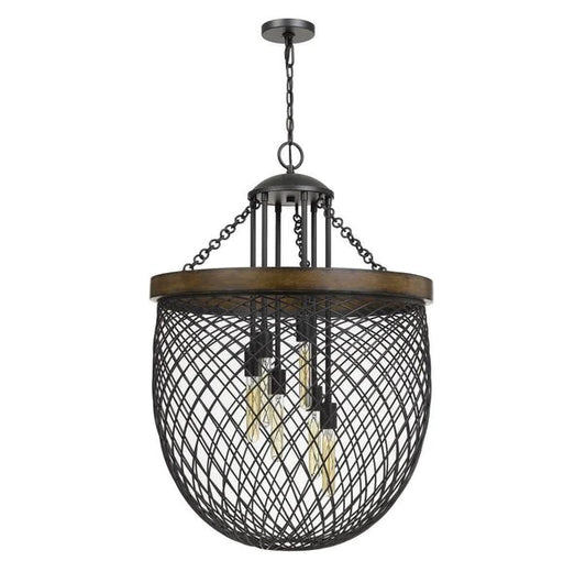 U Shaped Wire Mesh Shade Metal Chandelier With Wooden Rim Black