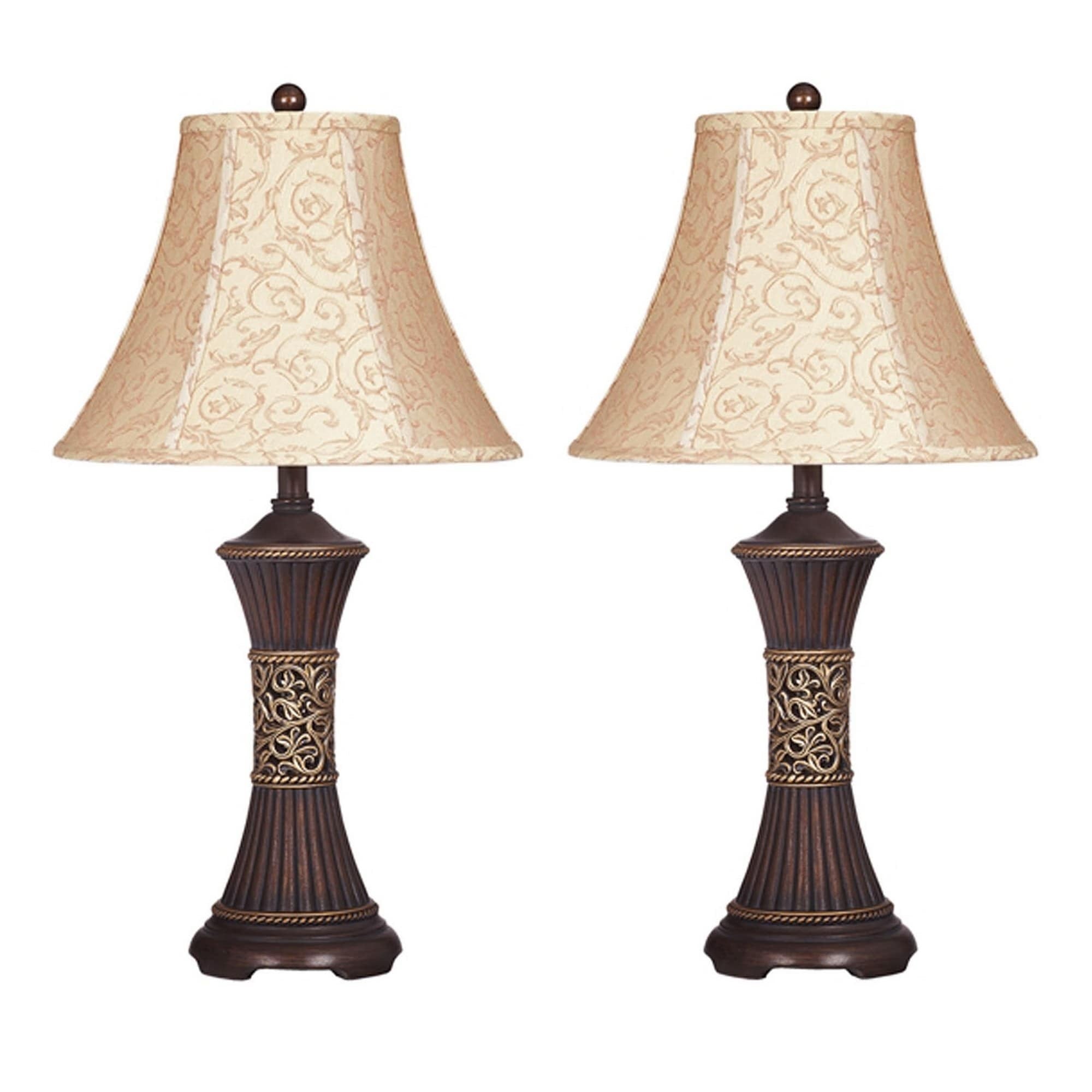 Bell Shape Fabric Shade Table Lamp with Ribbed Base Set of 2 Beige and Black-zoom-1