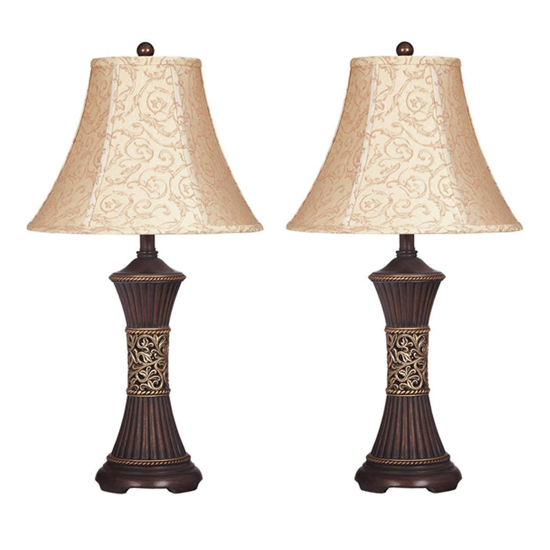 Bell Shape Fabric Shade Table Lamp with Ribbed Base Set of 2 Beige and Black-zoom-