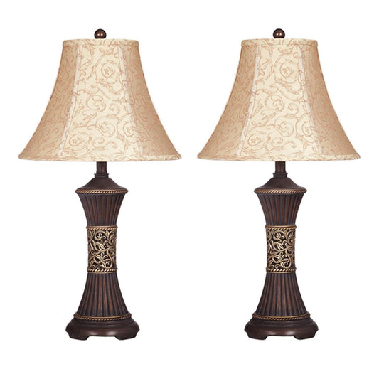 Bell Shape Fabric Shade Table Lamp with Ribbed Base Set of 2 Beige and Black
