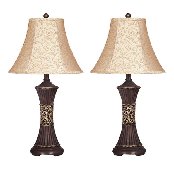 Bell Shape Fabric Shade Table Lamp with Ribbed Base Set of 2 Beige and Black
