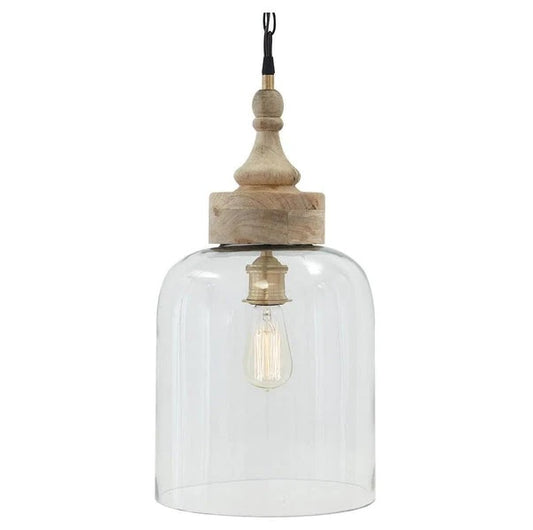 Inverted U Glass Pendant Light With Wood Finial Crown Top Brown And Clear