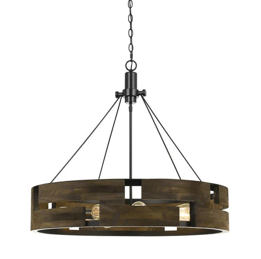 9 Bulb Round Wooden Frame Chandelier With Geometric Cut Out Design Brown