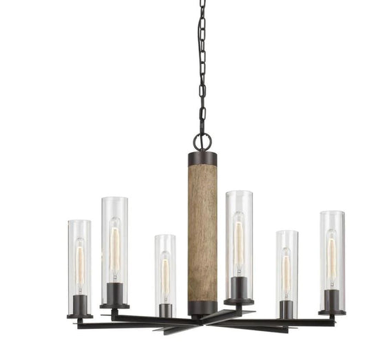 Metal 6 Bulb Chandelier With Cylindrical Glass Shade Black And Brown