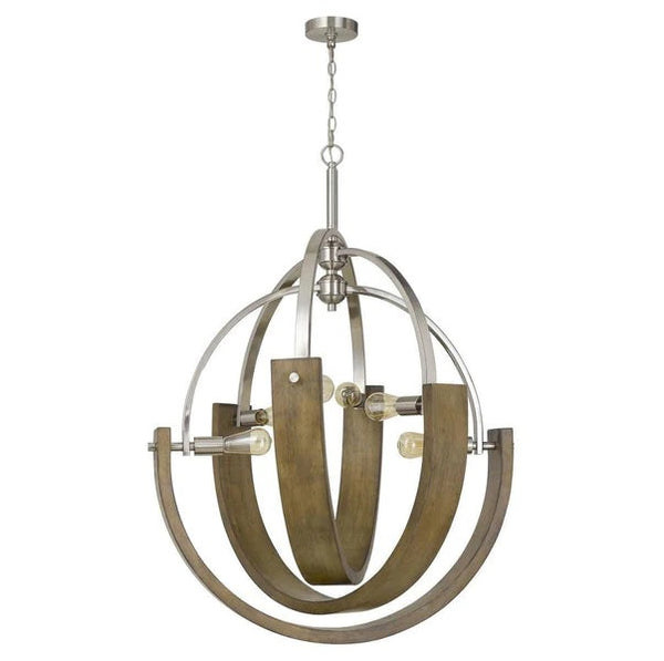 6 Bulb Metal And Wooden Chandelier Silver And Brown
