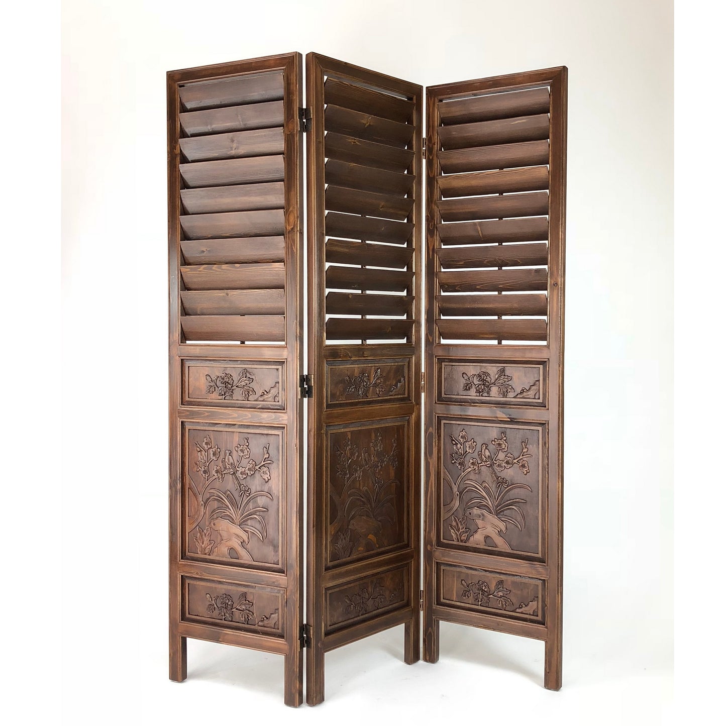 Hand Carved Louver Walnut Room Divider