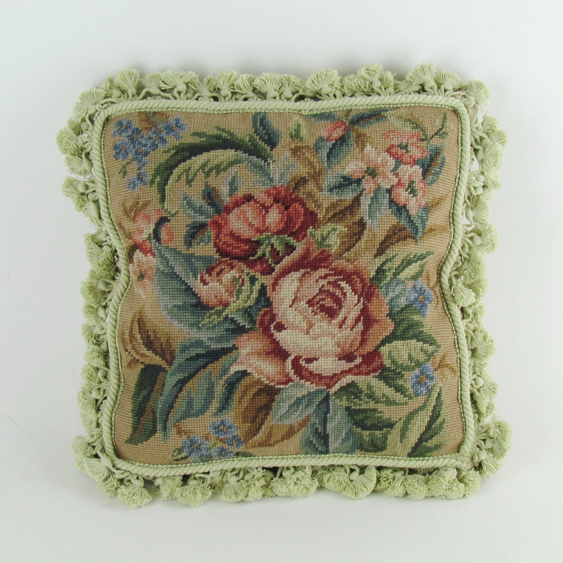 Hand Stiched Red Flower Needle Point Pillow-zoom-