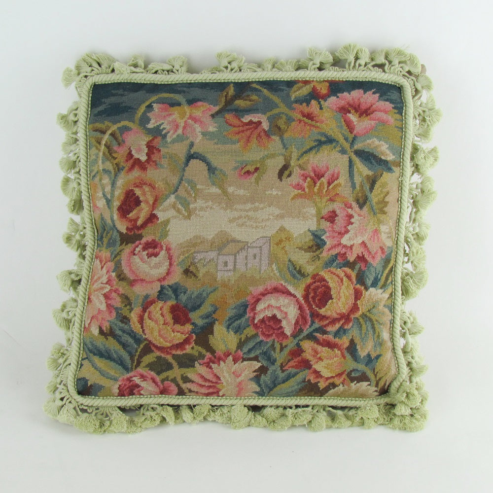 Hand Stiched Pink Flower Needle Point Pillow Needle Point Pillow-zoom-2