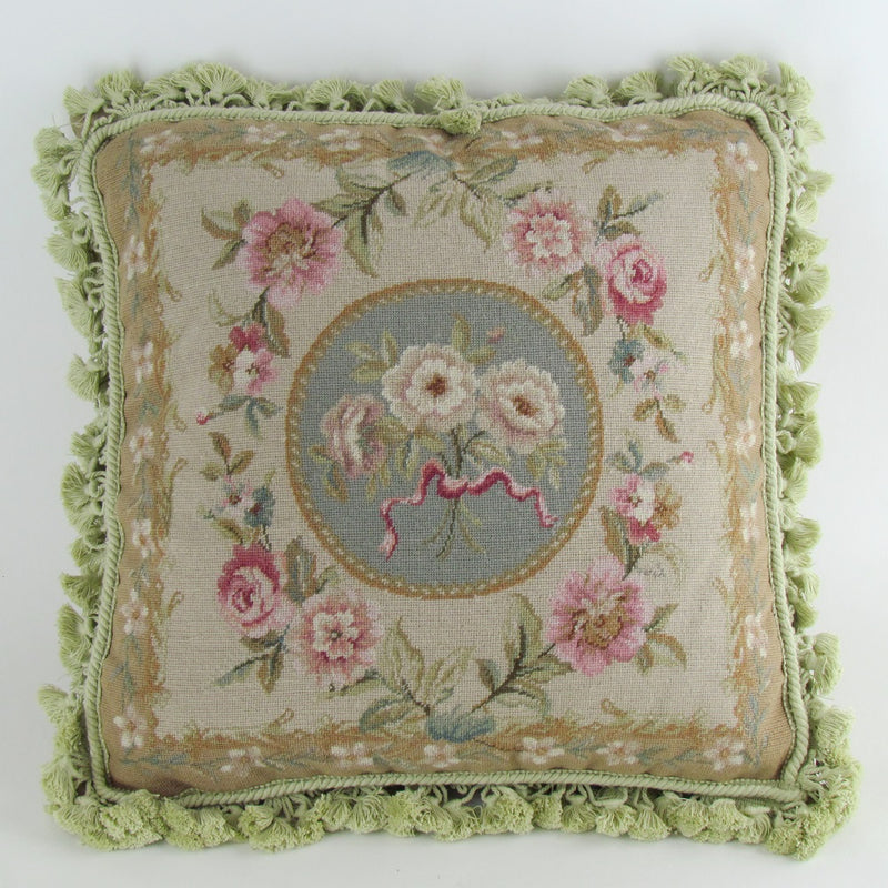 Hand Stiched Flower Needle Point Pillow Needle Point Pillow-zoom-