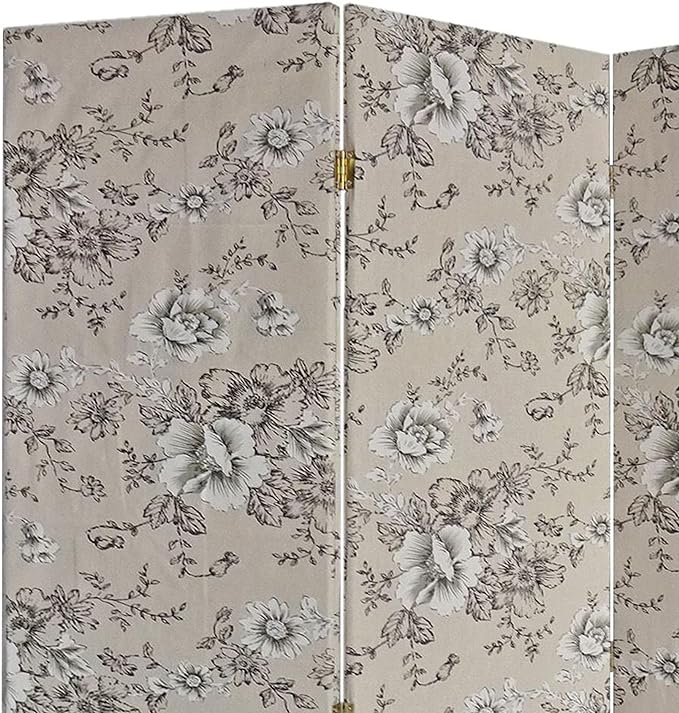 71 Inch 3 Panel Fabric Room Divider with Floral Print, Gray-zoom-