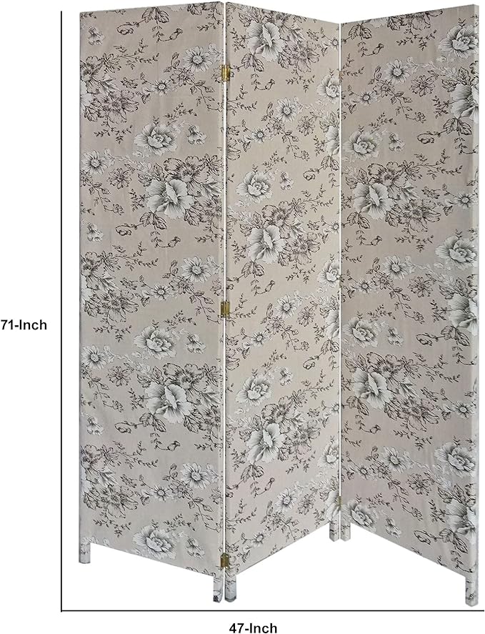 71 Inch 3 Panel Fabric Room Divider with Floral Print, Gray-zoom-