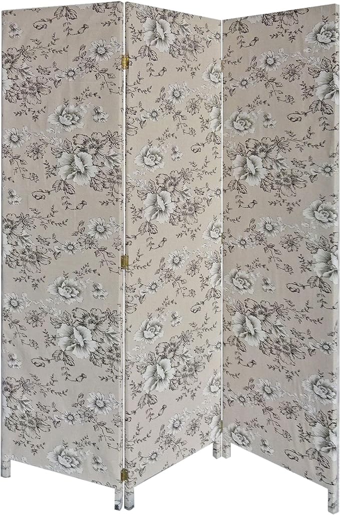 71 Inch 3 Panel Fabric Room Divider with Floral Print, Gray-zoom-
