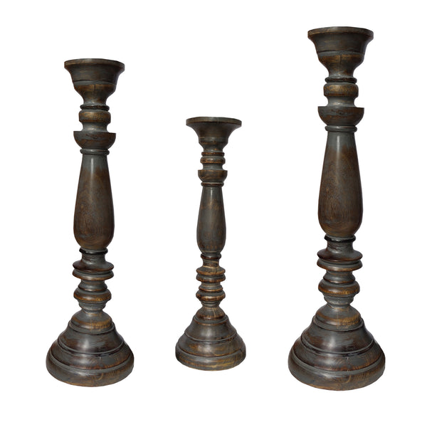 Handmade Pillar Shape Wooden Candle Holder With Flared Top Brown And Gray Set Of 3