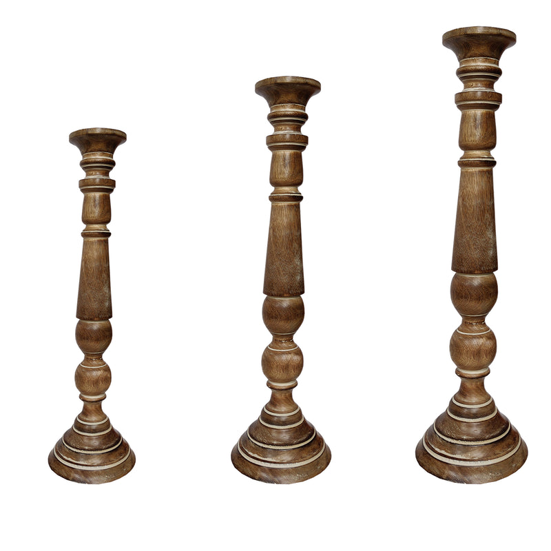 Handmade Wooden Candle Holder With Flared Top Natural Brown Set Of 3-zoom-