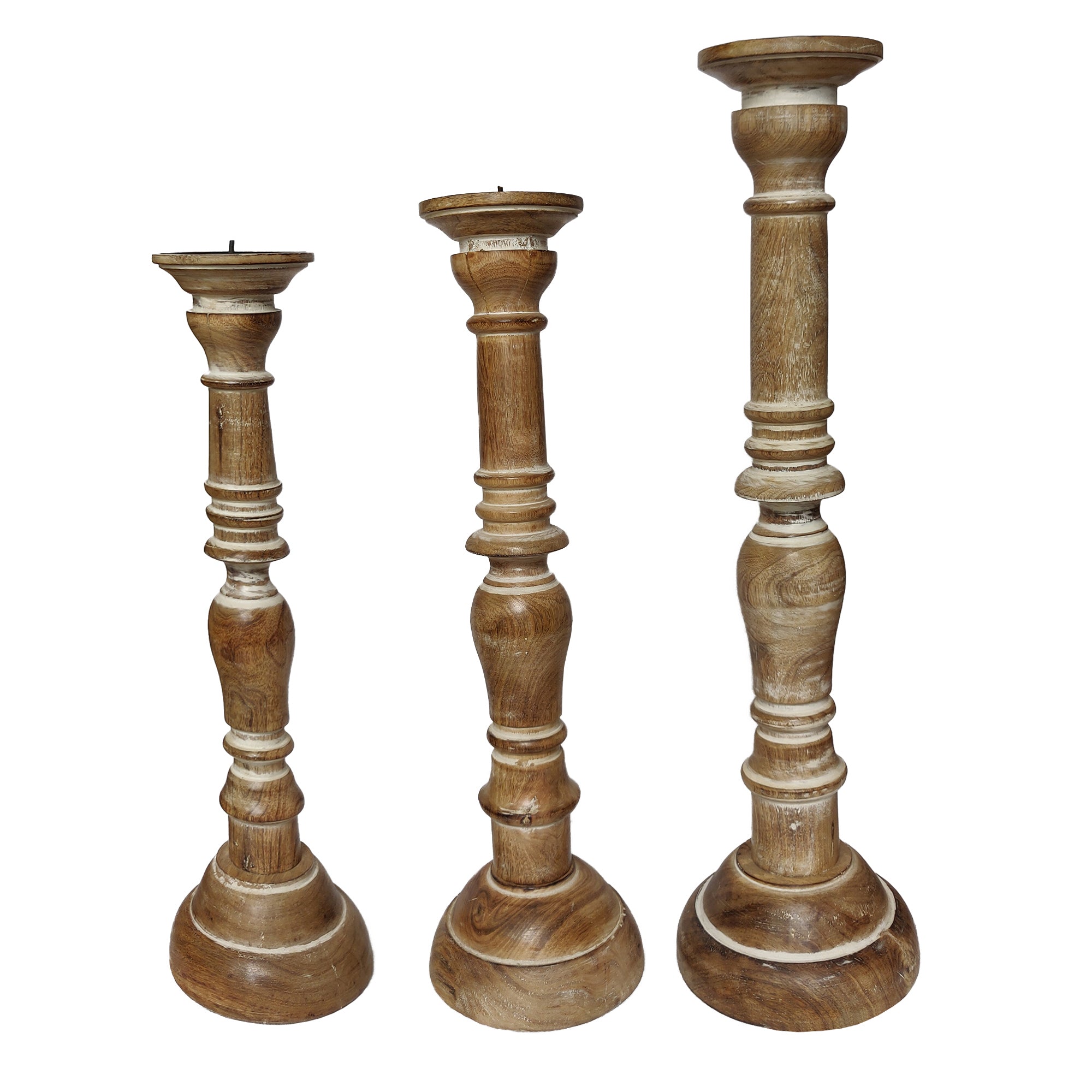 Handcrafted Distressed Wooden Candle Holder With Pedestal Body Brown Set Of 3-zoom-1