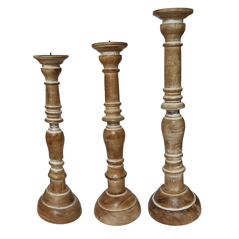 Handcrafted Distressed Wooden Candle Holder With Pedestal Body Brown Set Of 3-zoom-