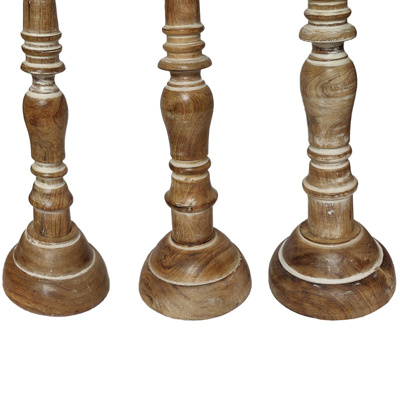 Handcrafted Distressed Wooden Candle Holder With Pedestal Body Brown Set Of 3-zoom-