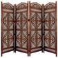 Traditional Four Panel Wooden Room Divider with Hand Carved Details, Antique Brown