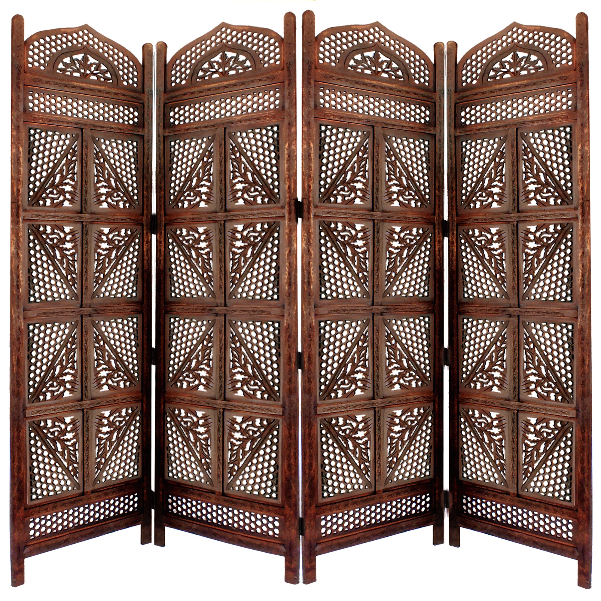 Traditional Four Panel Wooden Room Divider with Hand Carved Details, Antique Brown-zoom-1