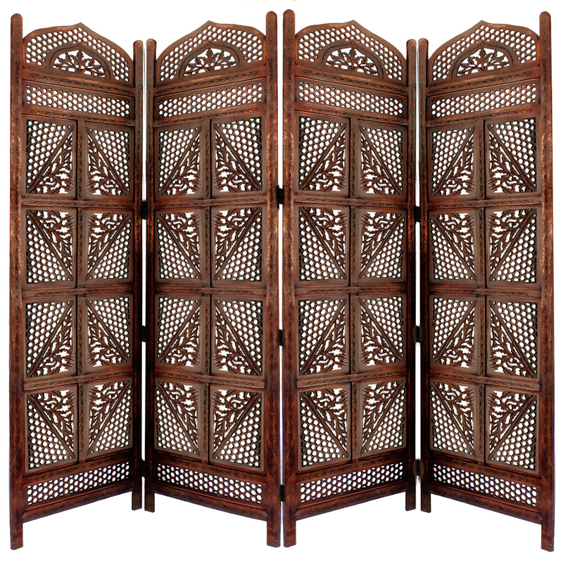 Traditional Four Panel Wooden Room Divider with Hand Carved Details, Antique Brown-zoom-