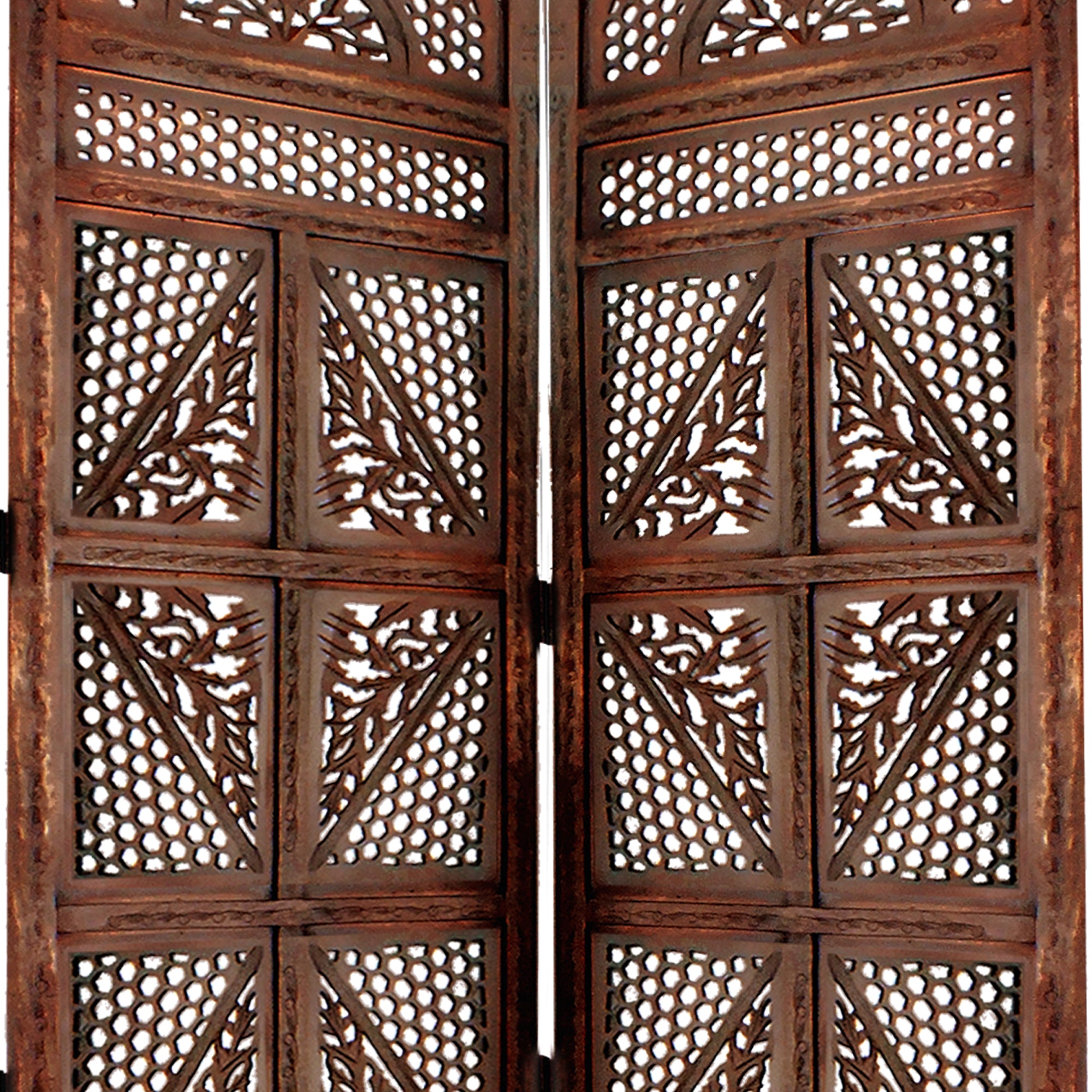 Traditional Four Panel Wooden Room Divider with Hand Carved Details, Antique Brown-zoom-4