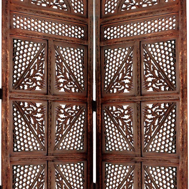 Traditional Four Panel Wooden Room Divider with Hand Carved Details, Antique Brown-zoom-
